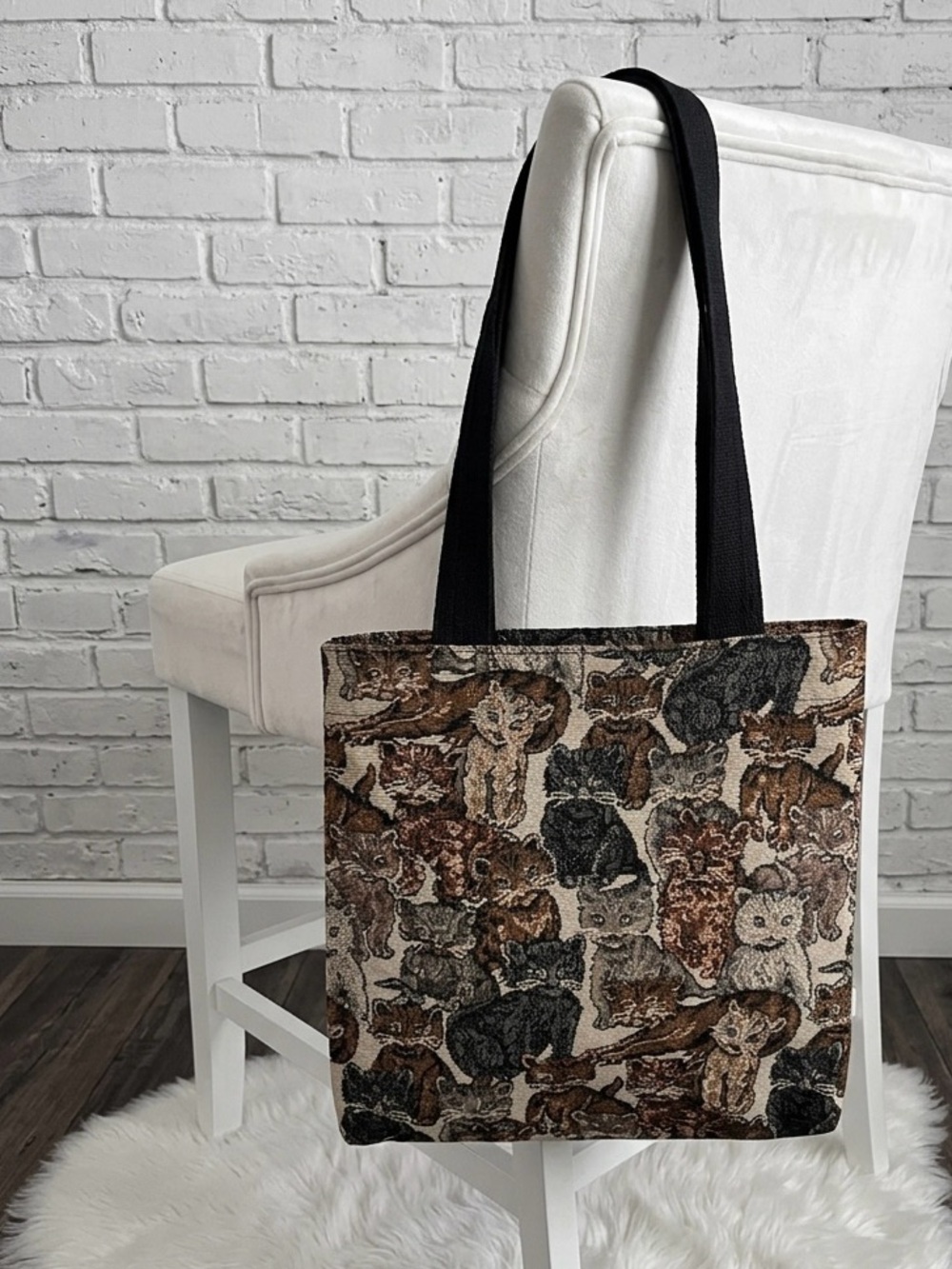 Rare Cat-Print Tapestry Tote with Black Straps